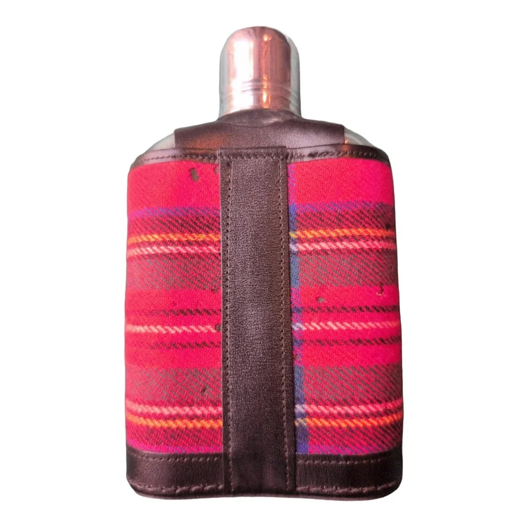 Vintage glass‎ Hip Flask Red Wool Tartan Plaid Top Grain Cow Hide Holster Flaw